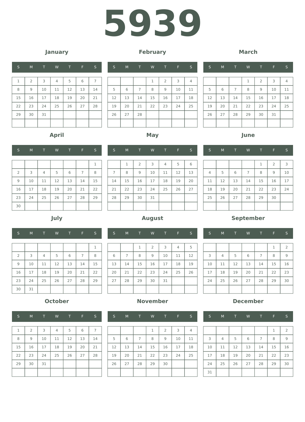 Printable 5939 Year Calendars feldgrau
