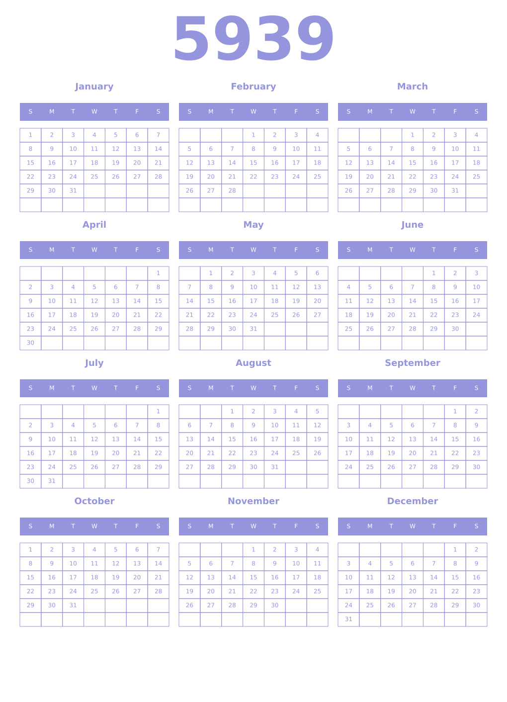 Printable 5939 Year Calendars periwinkle