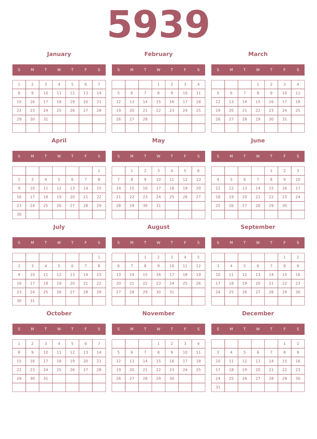 Printable 5939 Year Calendars puce