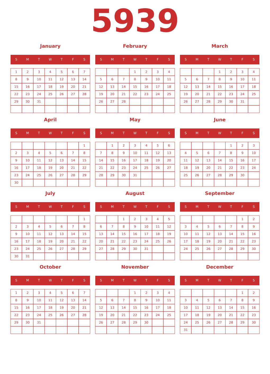 Printable 5939 Year Calendars red