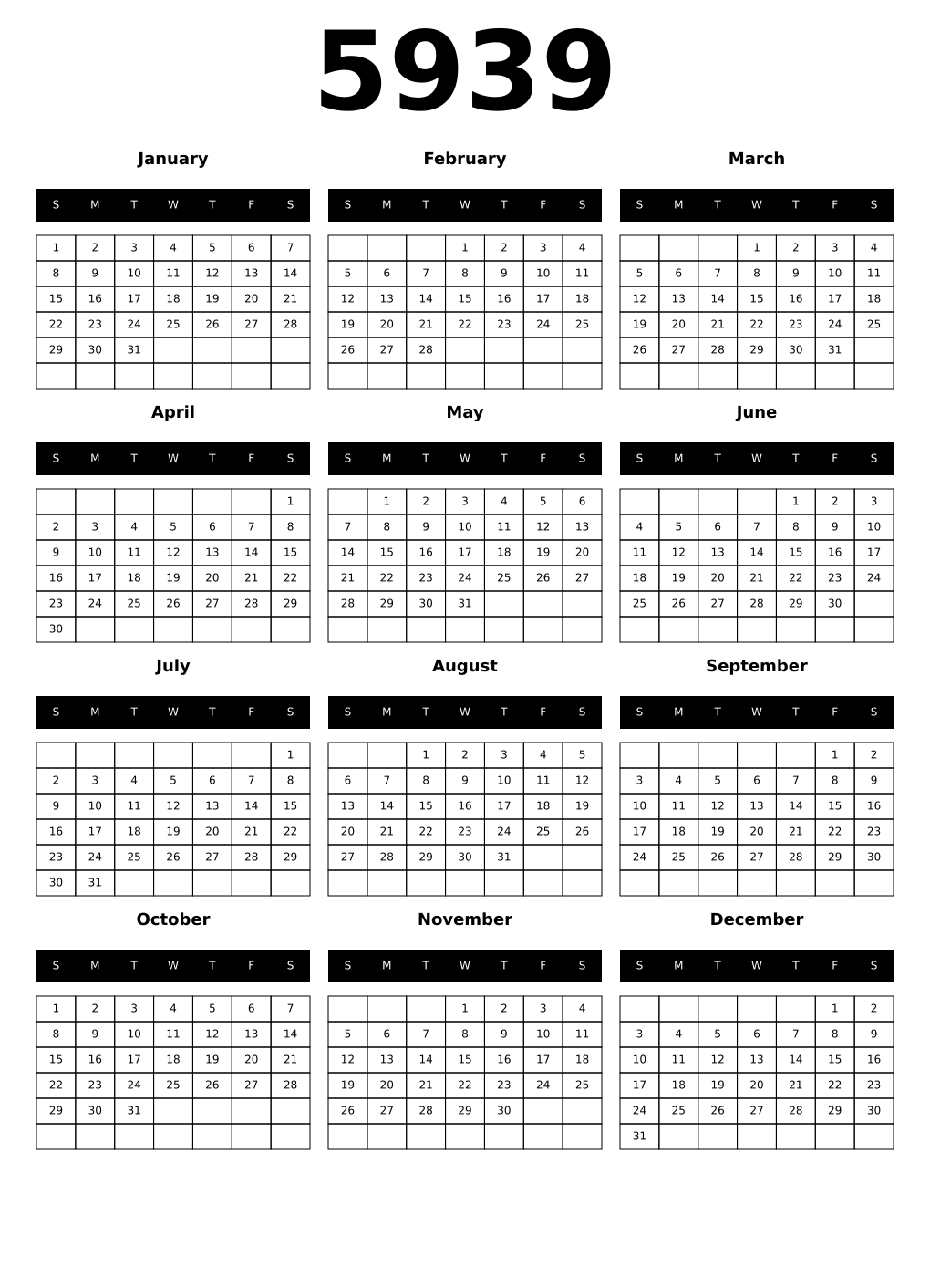 Printable 5939 Calendars