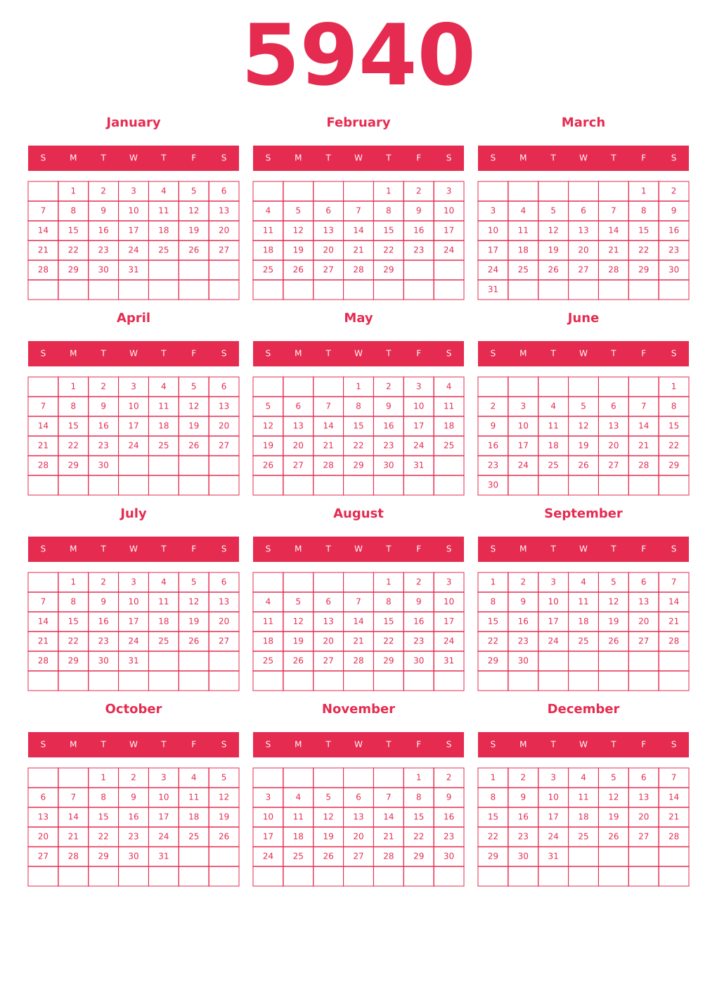 Printable 5940 Year Calendars amaranth