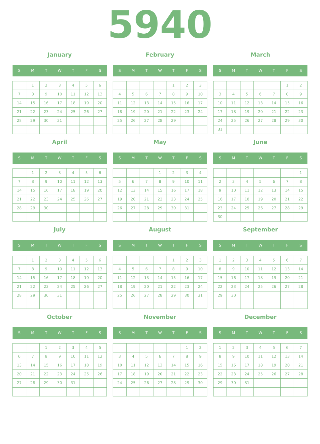 Printable 5940 Year Calendars celadon