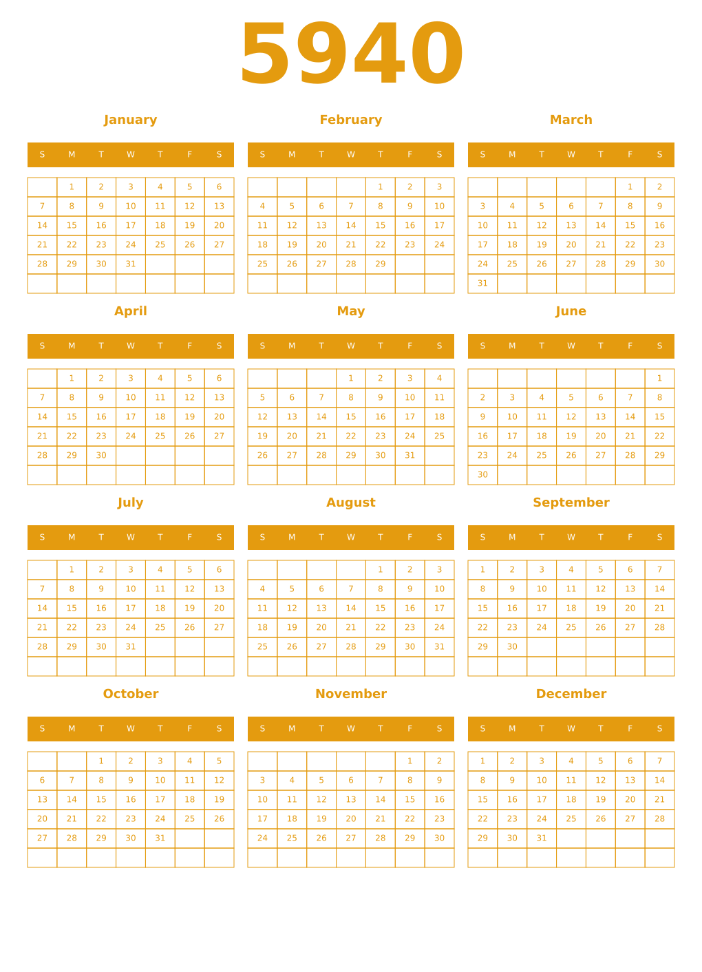 Printable 5940 Year Calendars gamboge