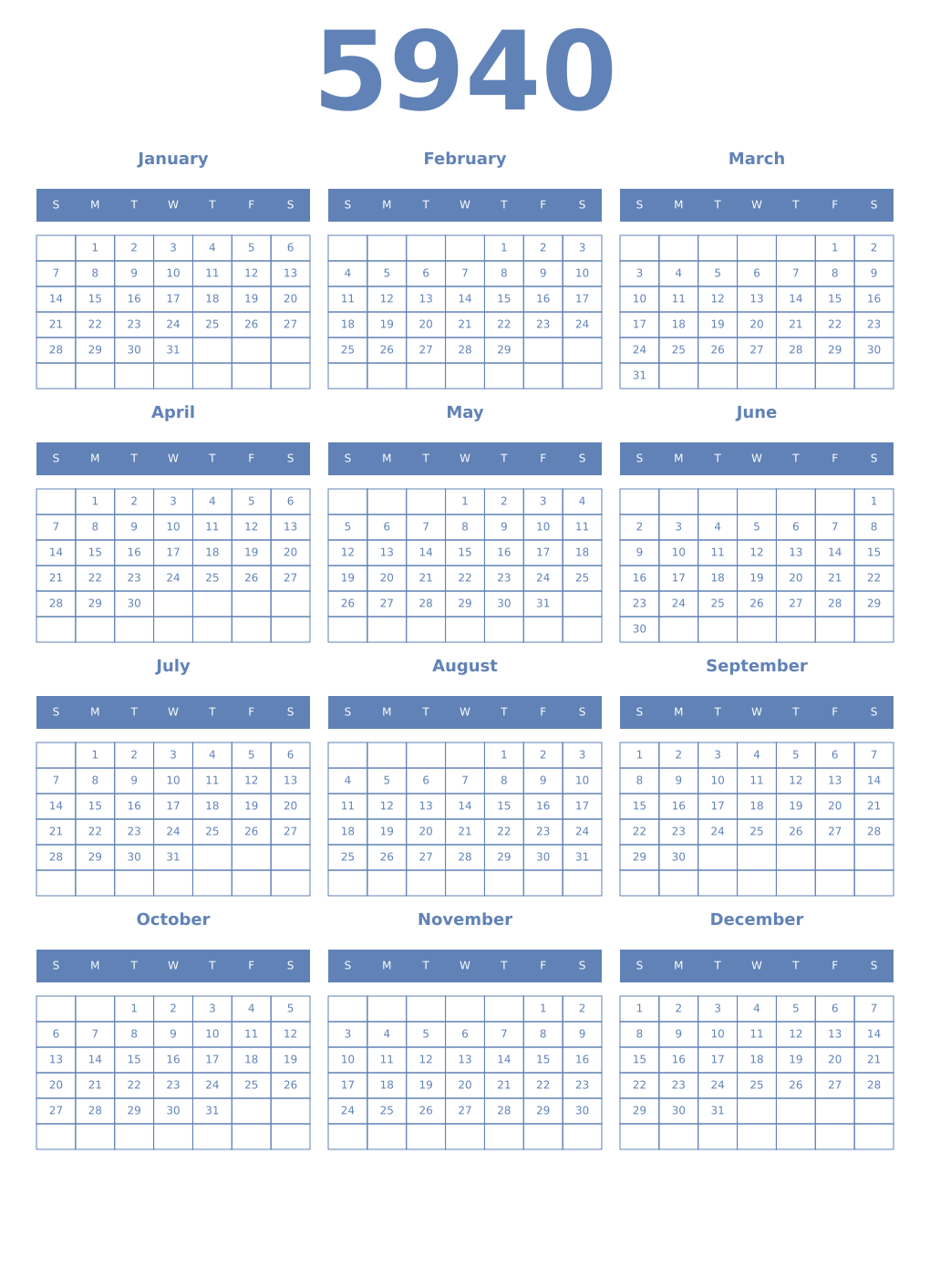 Printable 5940 Year Calendars glaucous