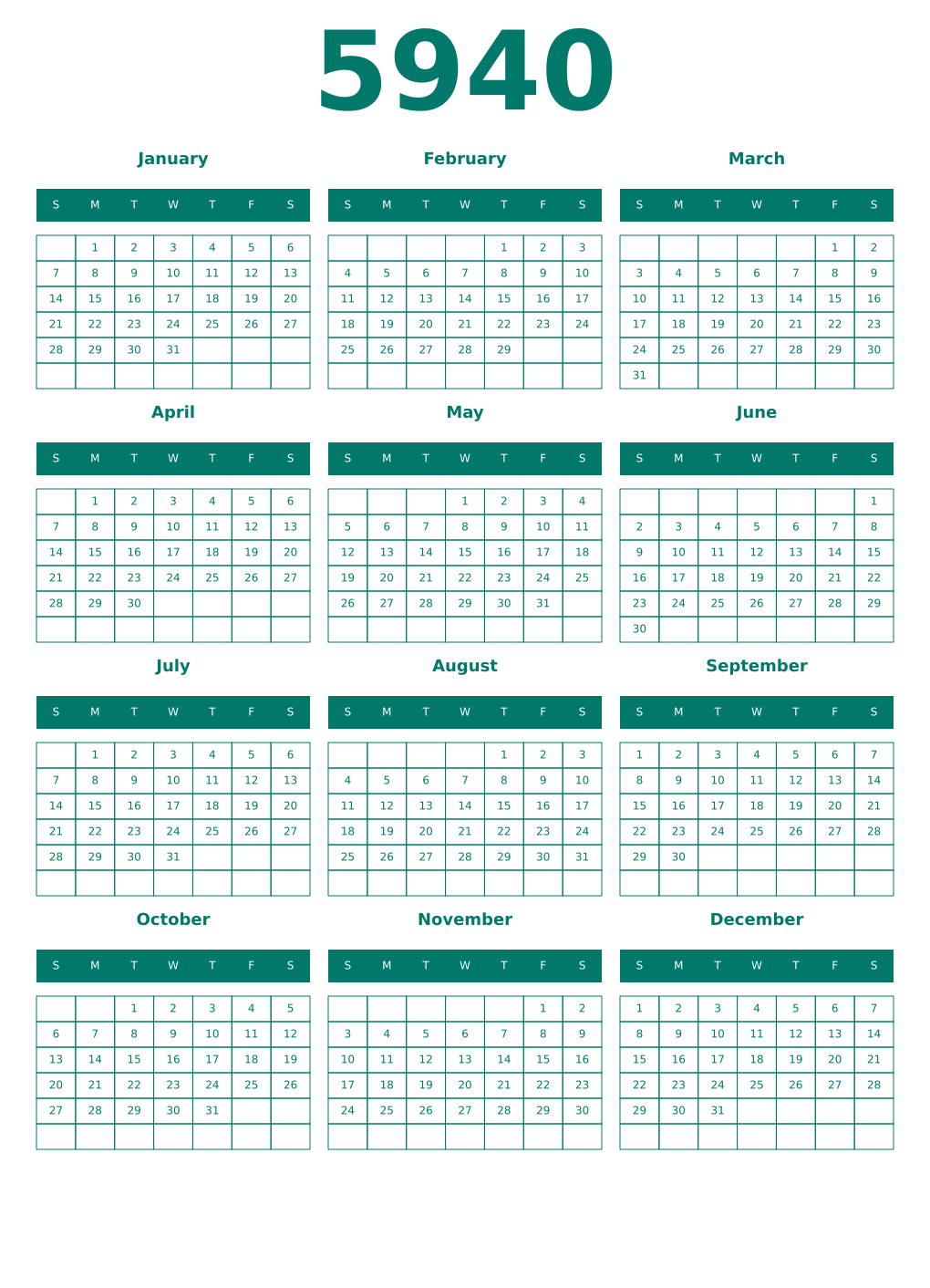 Printable 5940 Year Calendars pastel