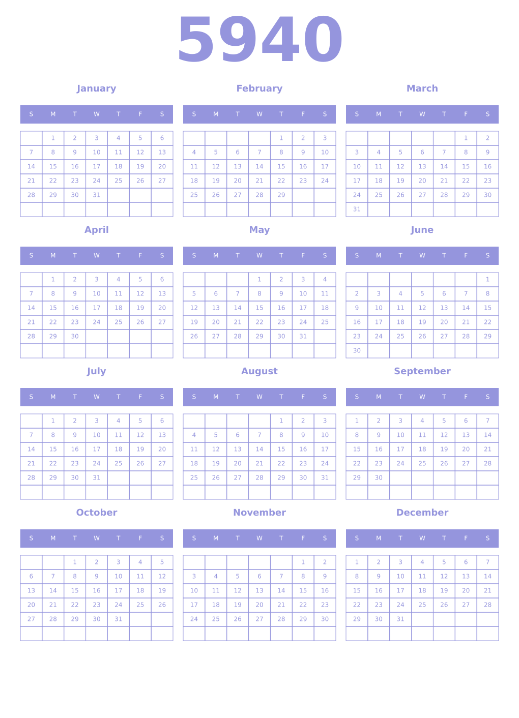 Printable 5940 Year Calendars periwinkle