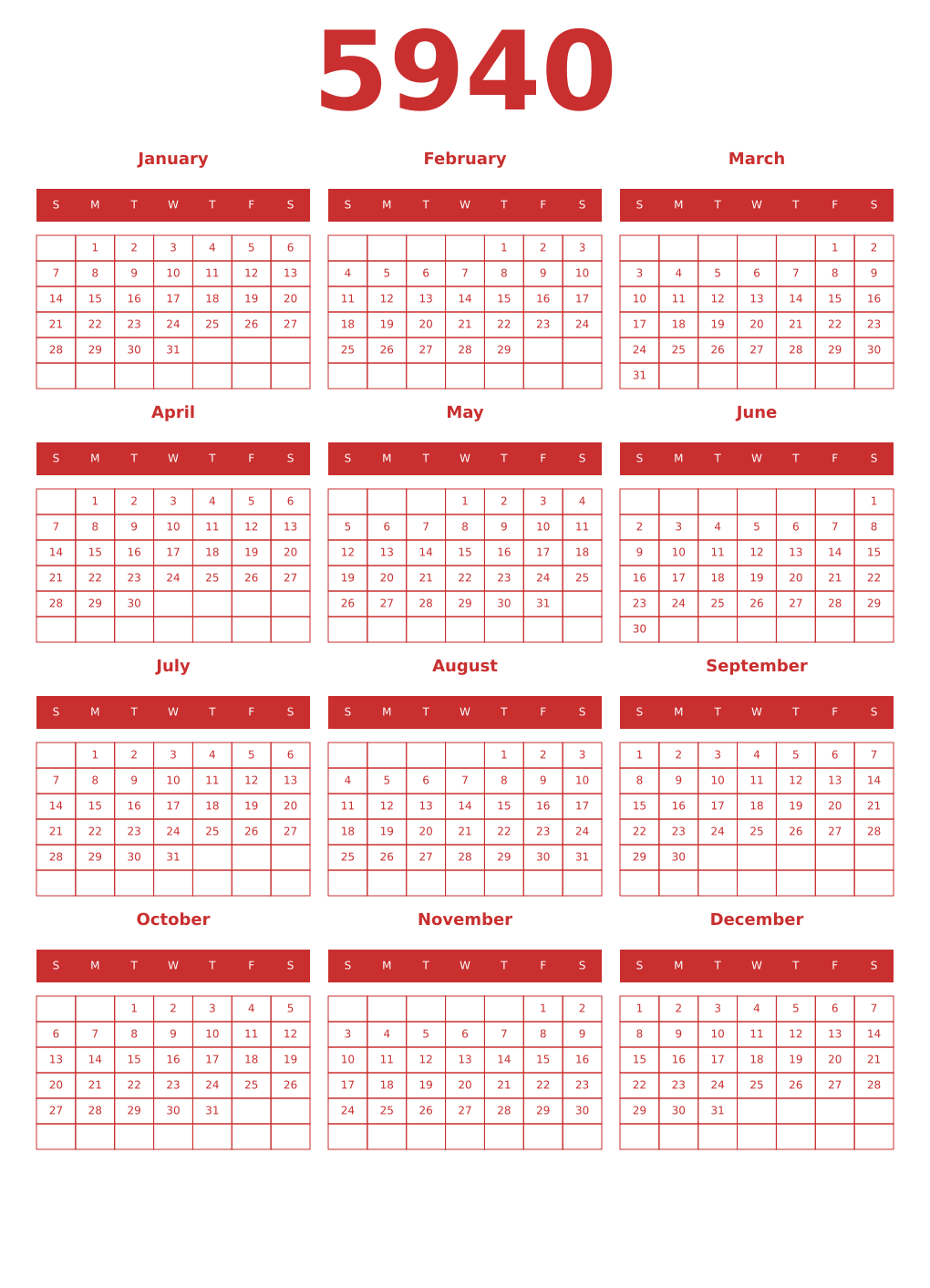 Printable 5940 Year Calendars red