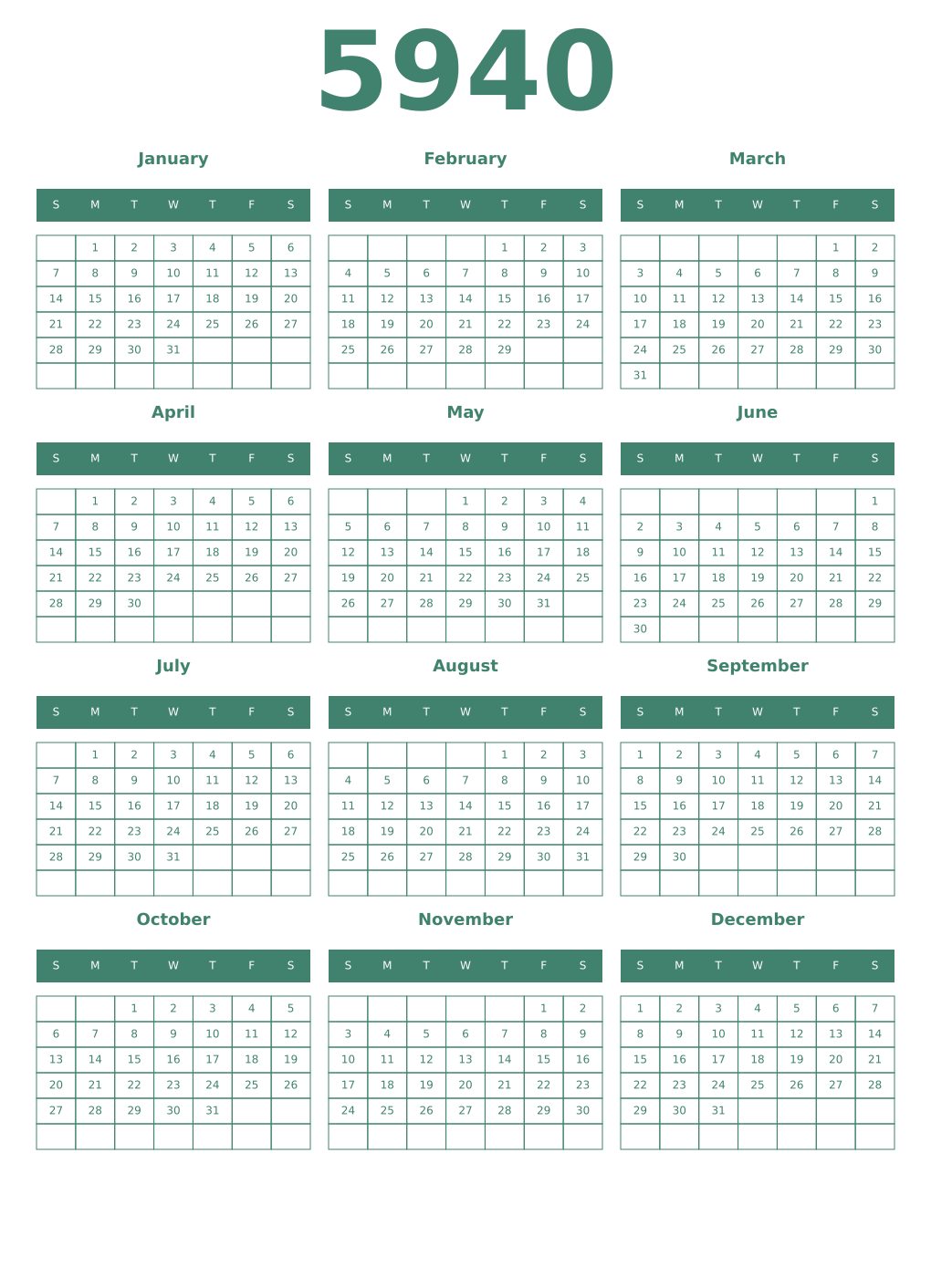 Printable 5940 Year Calendars viridian