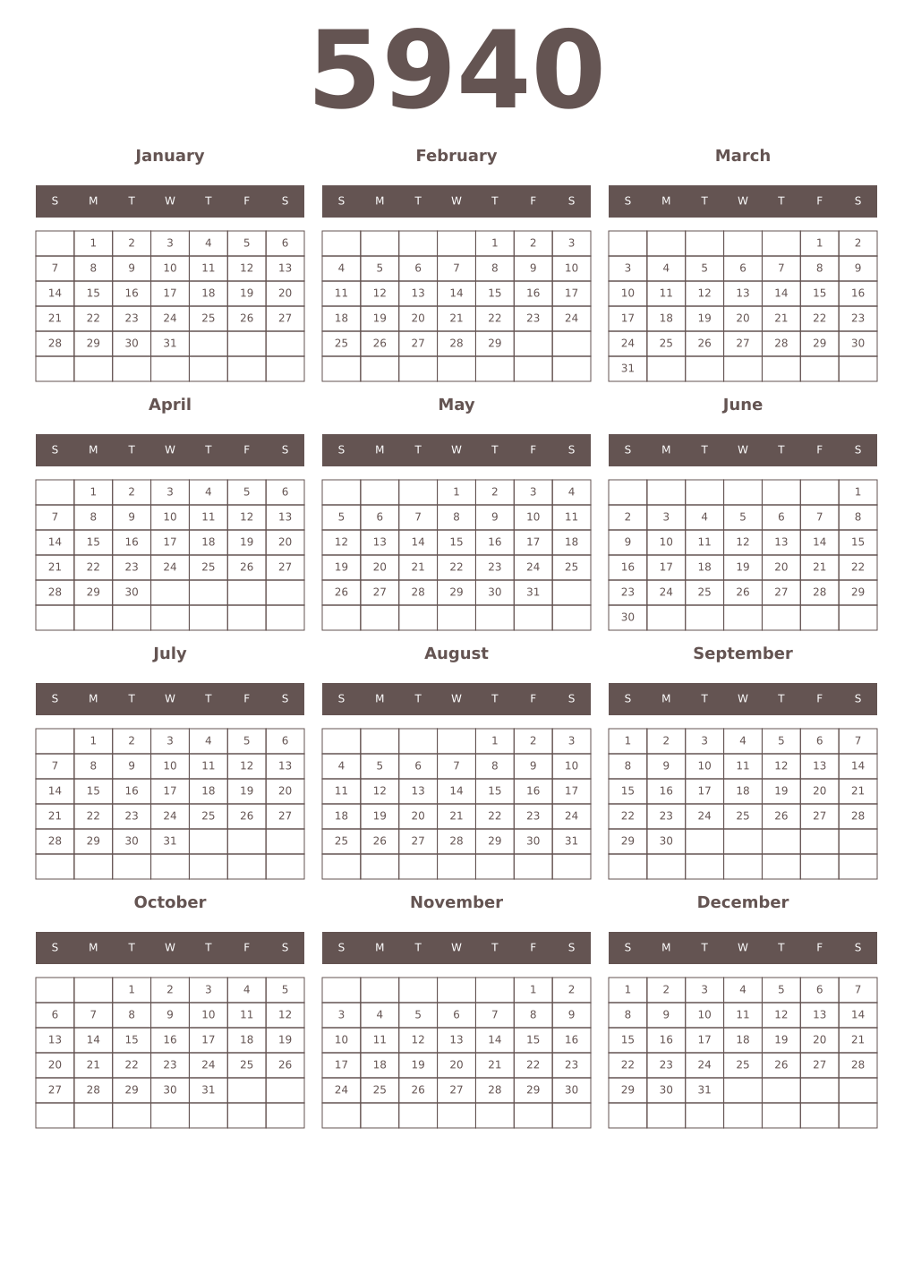 Printable 5940 Year Calendars wenge