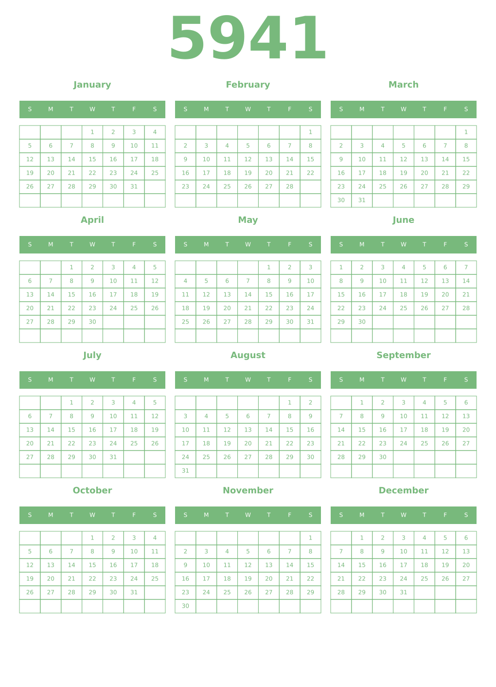 Printable 5941 Year Calendars celadon