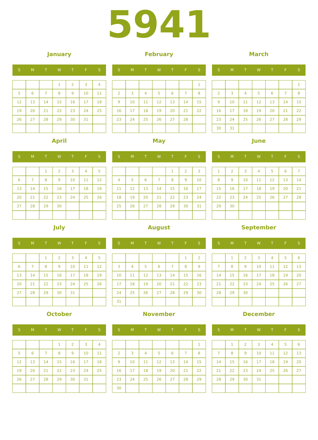 Printable 5941 Year Calendars chartreuse