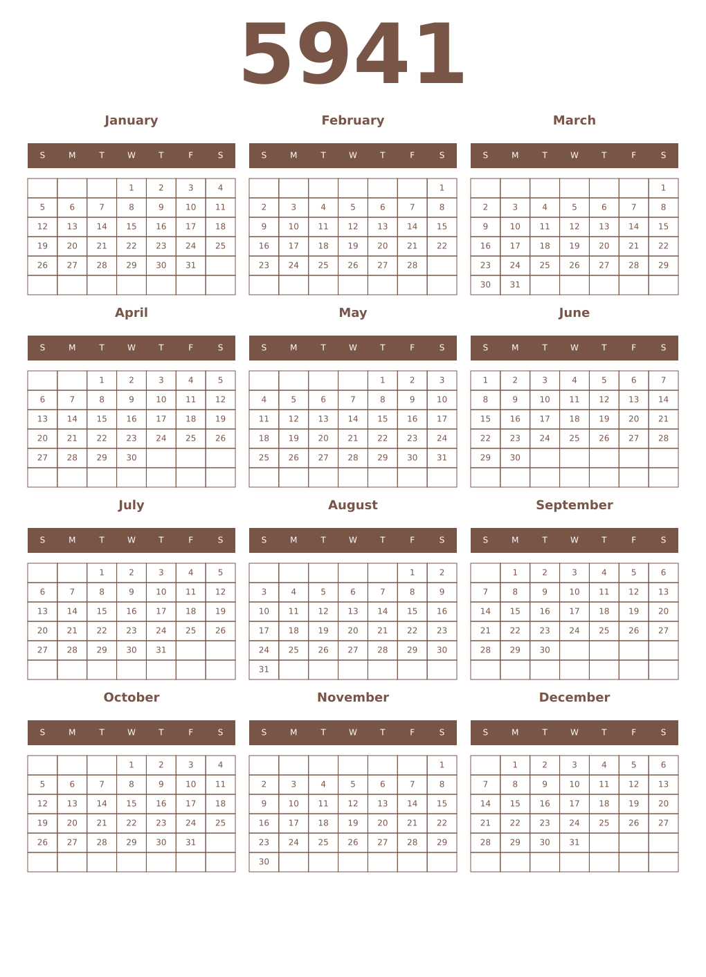 Printable 5941 Year Calendars coffe