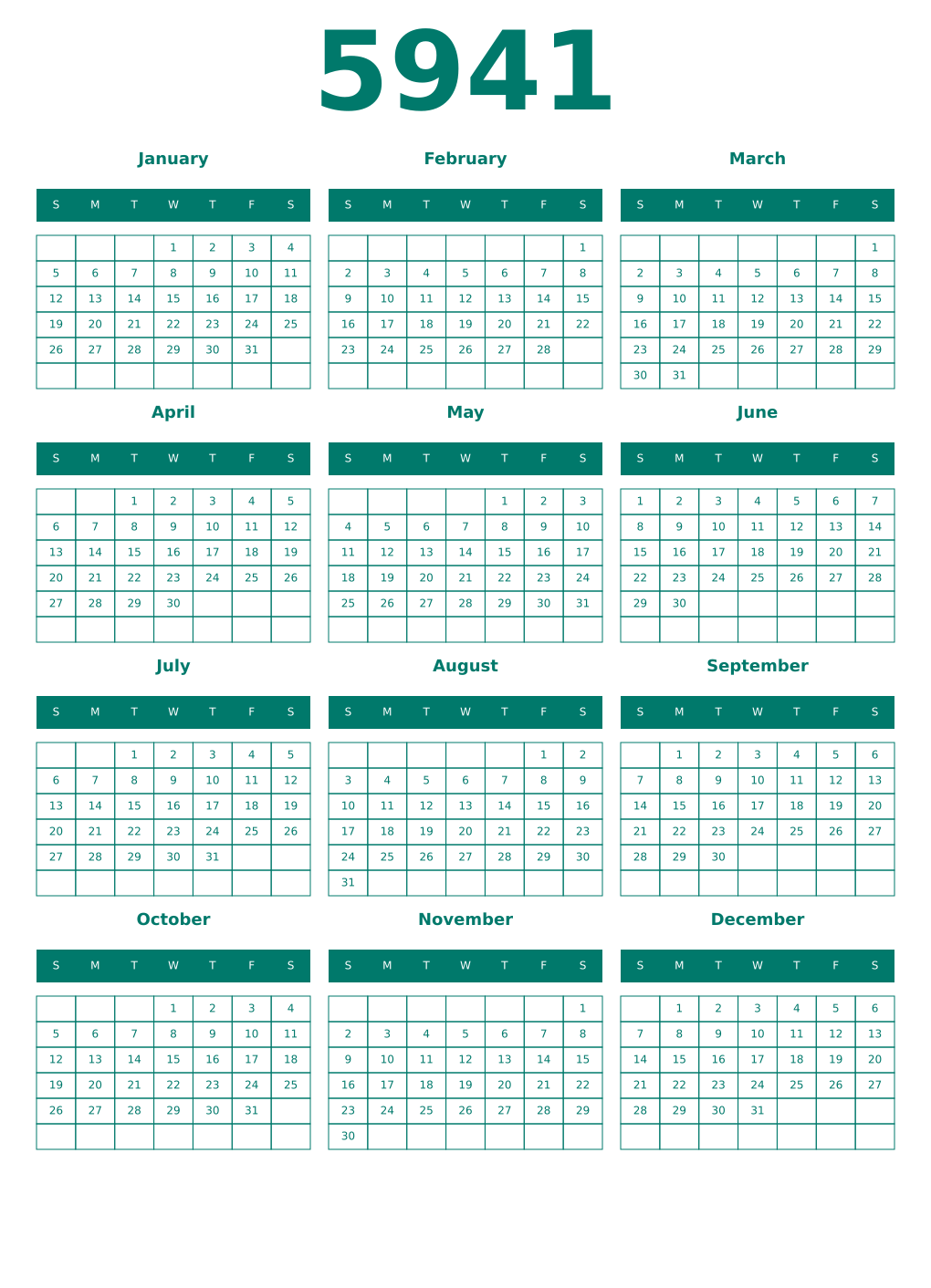 Printable 5941 Year Calendars pastel