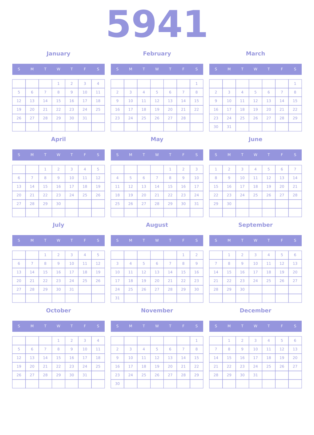 Printable 5941 Year Calendars periwinkle