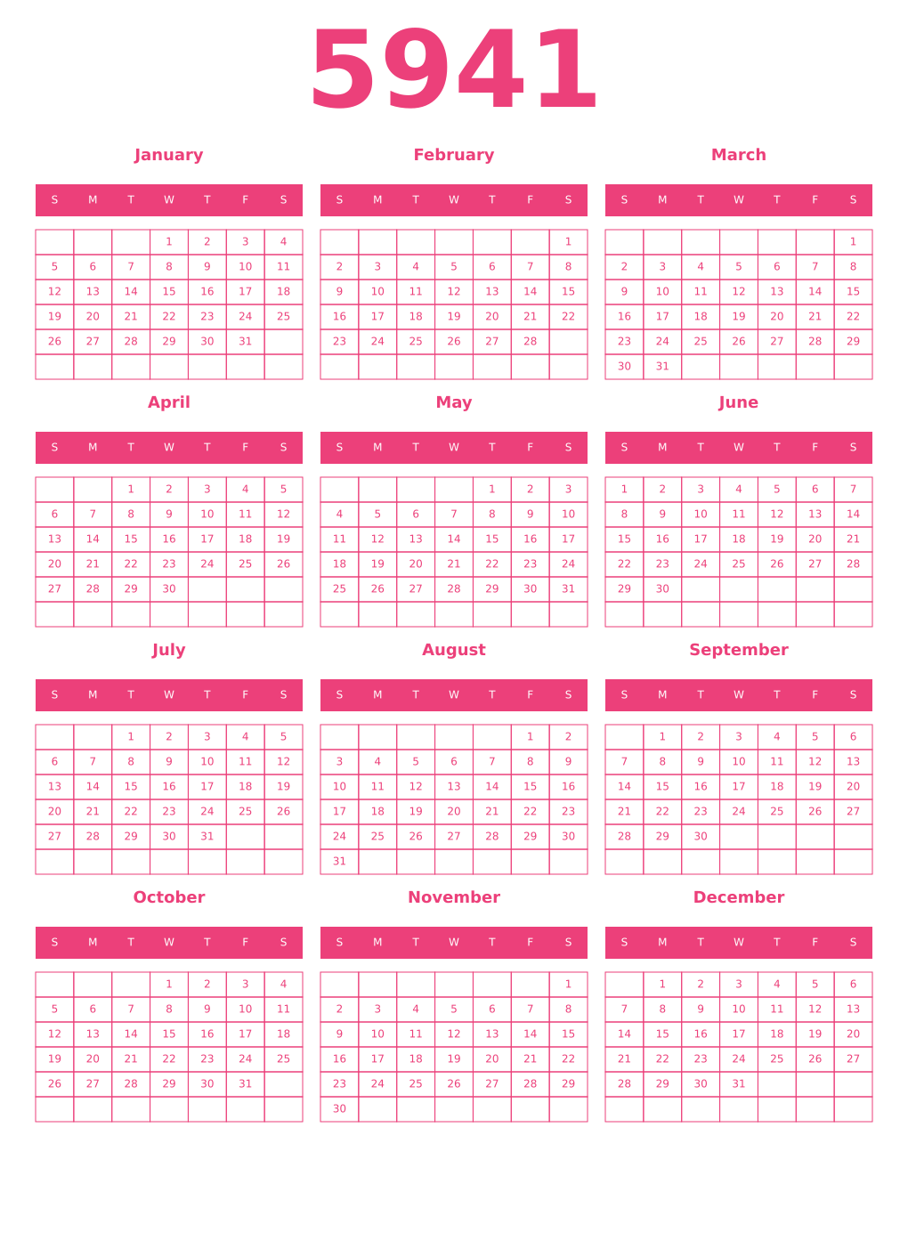 Printable 5941 Year Calendars pink