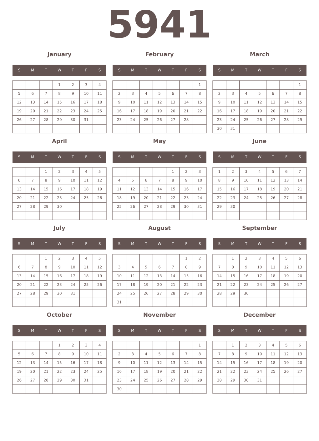 Printable 5941 Year Calendars wenge