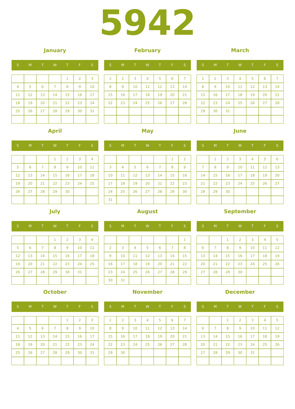 Printable 5942 Year Calendars chartreuse
