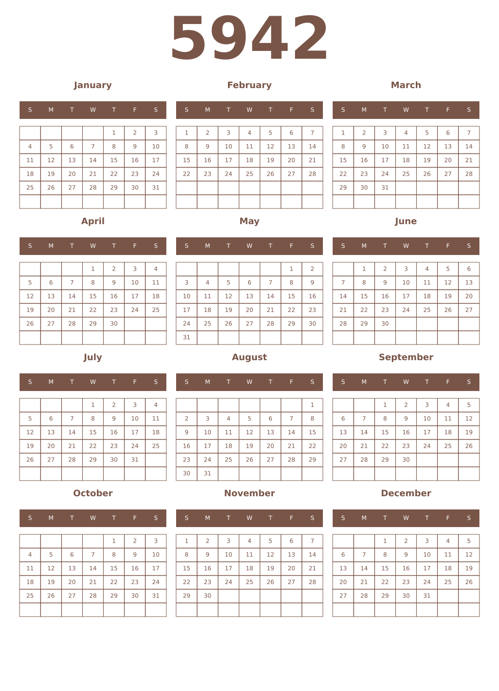 Printable 5942 Year Calendars coffe