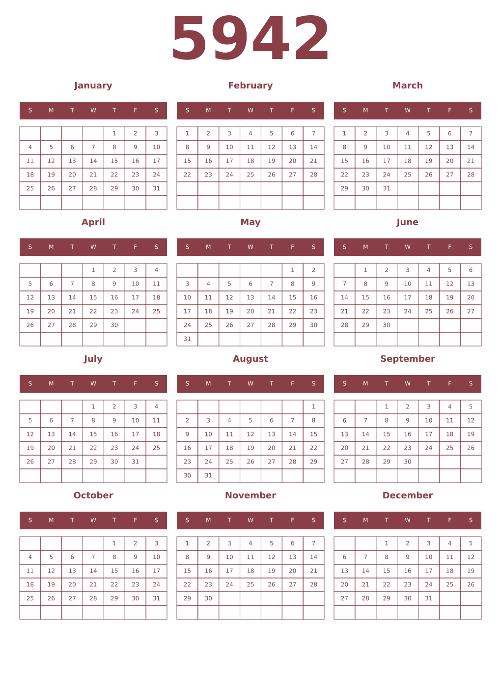 Printable 5942 Year Calendars cordovan