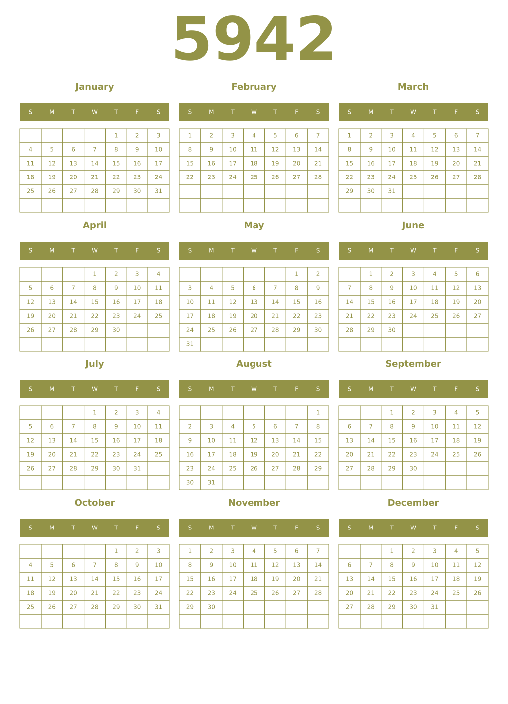 Printable 5942 Year Calendars eburnean