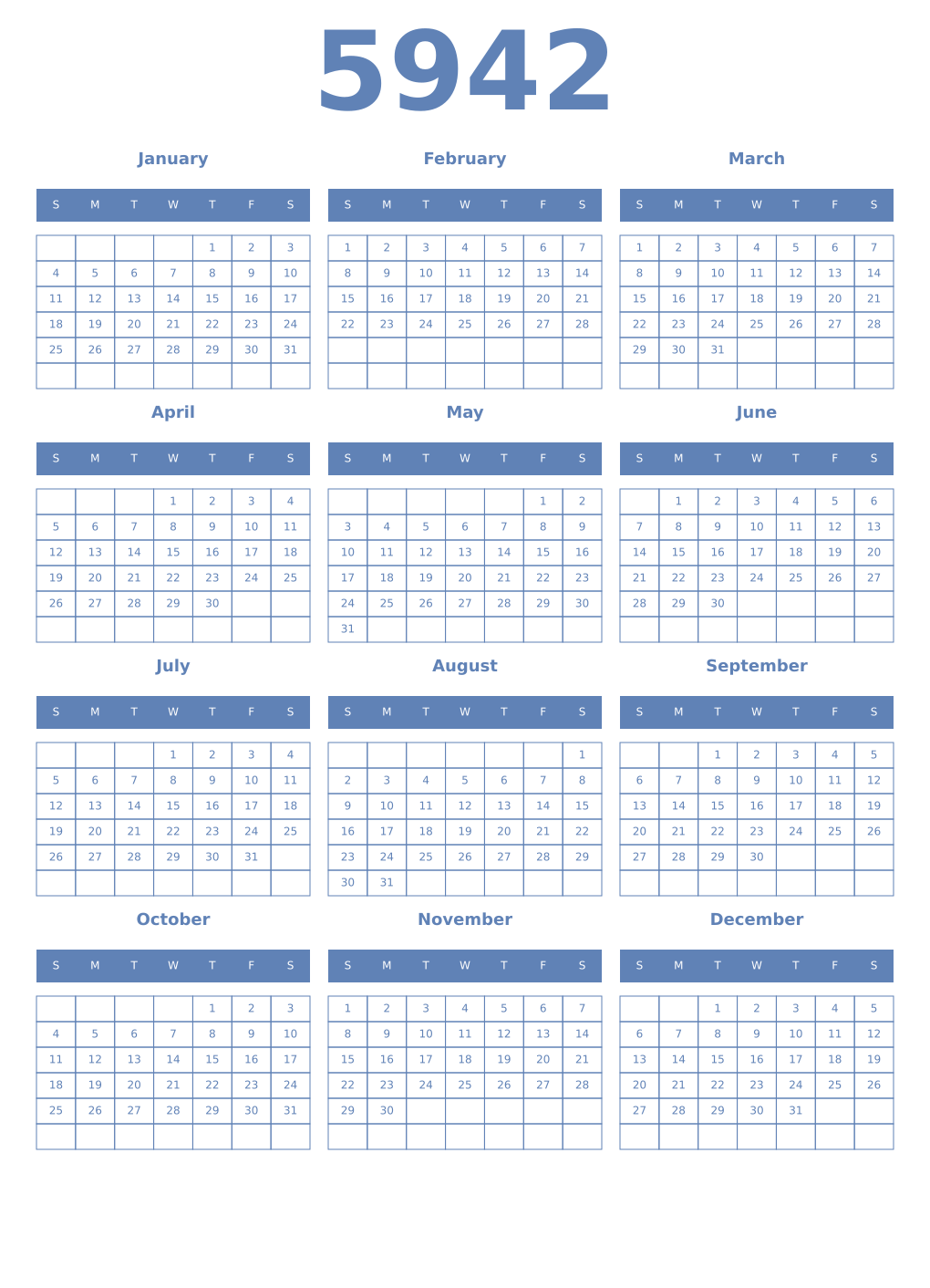Printable 5942 Year Calendars glaucous