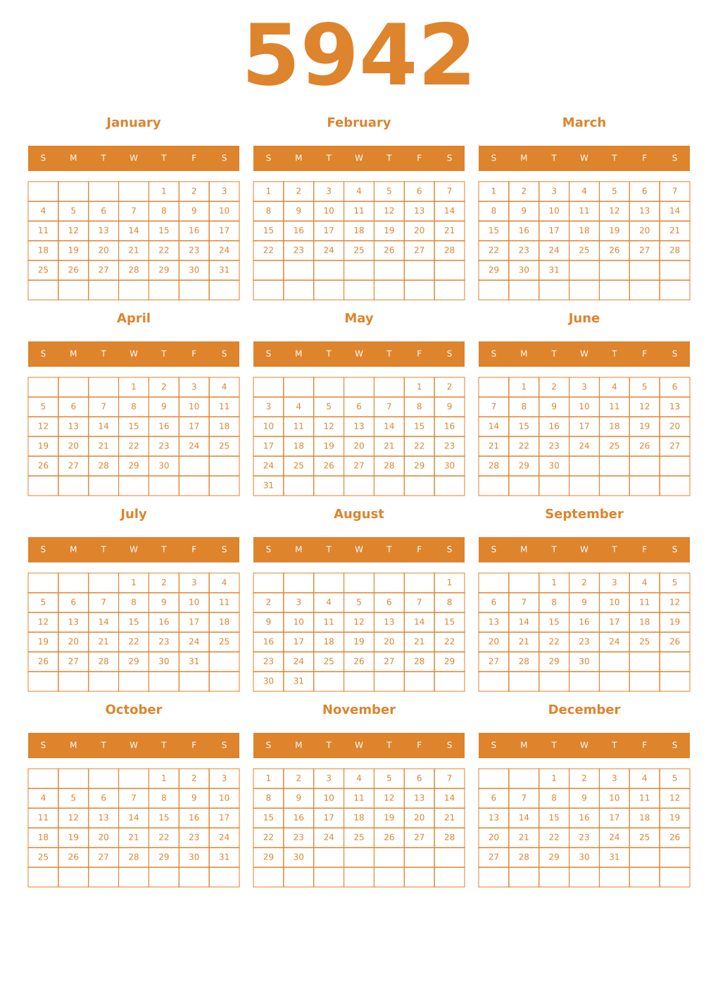 Printable 5942 Year Calendars orange
