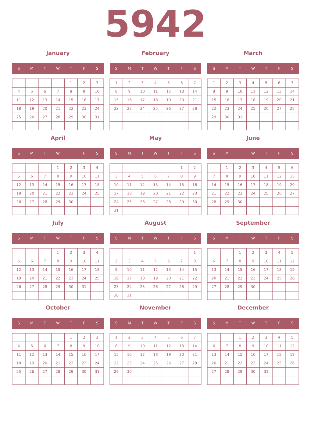 Printable 5942 Year Calendars puce