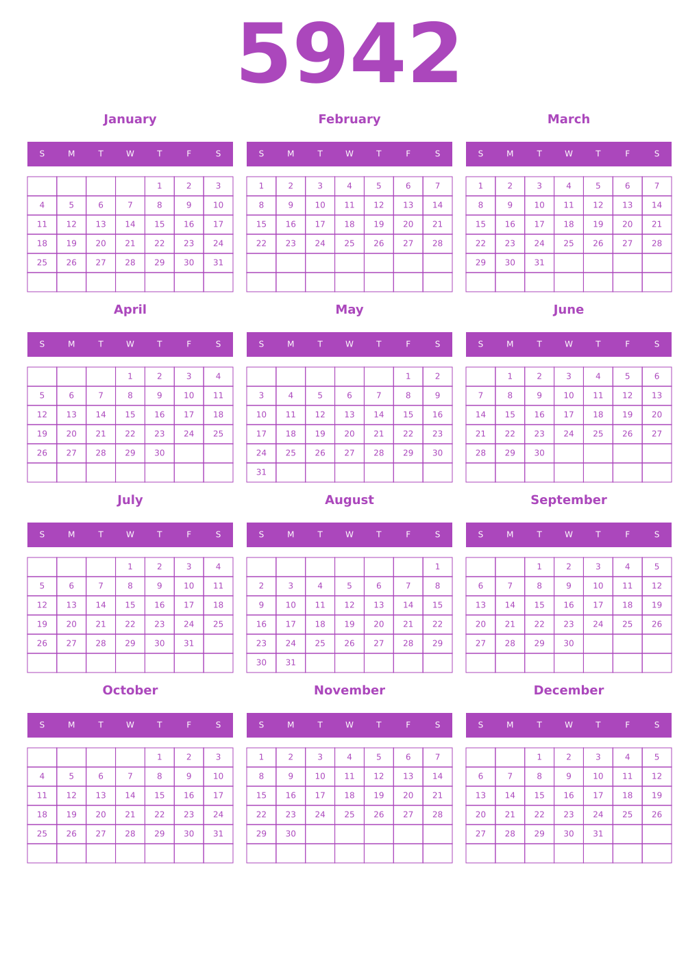 Printable 5942 Year Calendars purple
