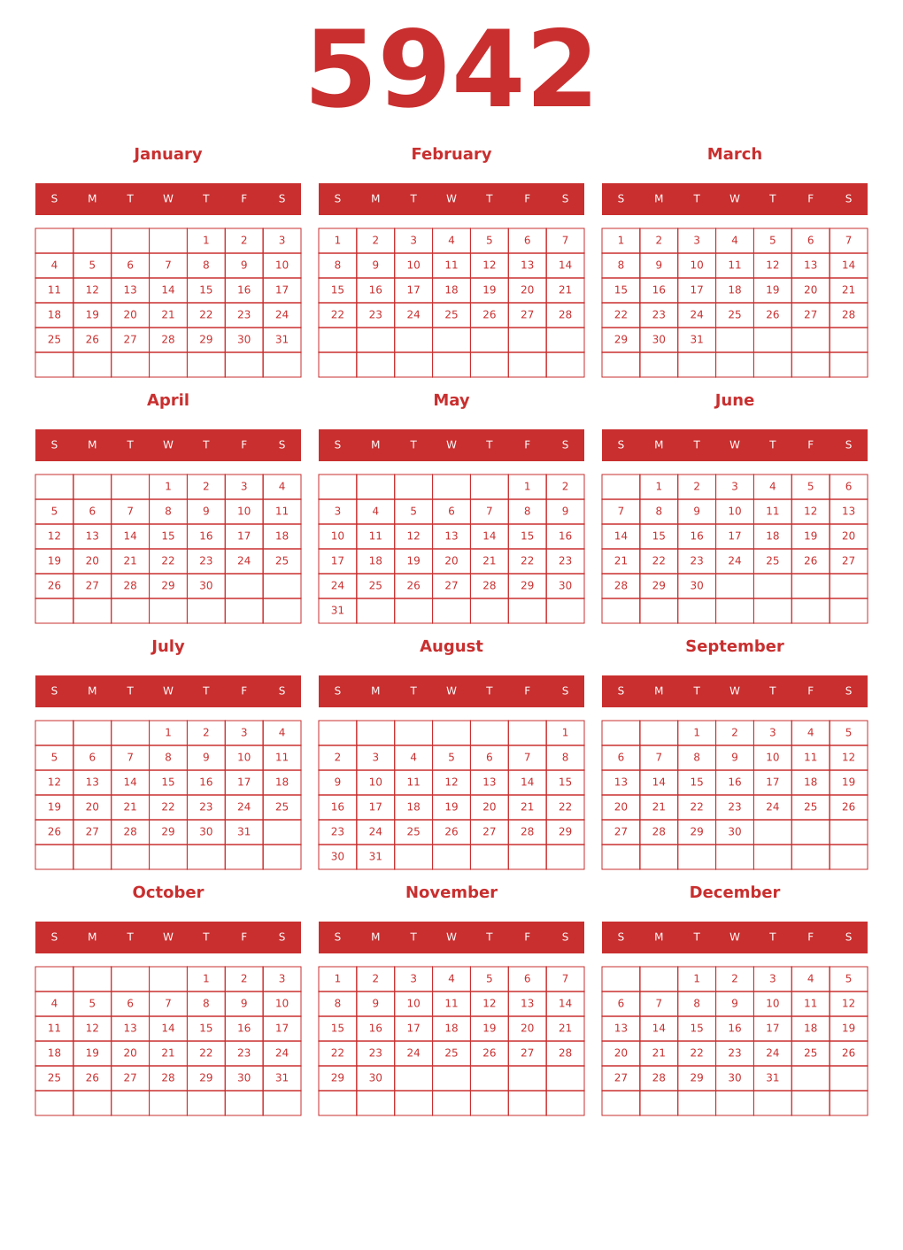 Printable 5942 Year Calendars red
