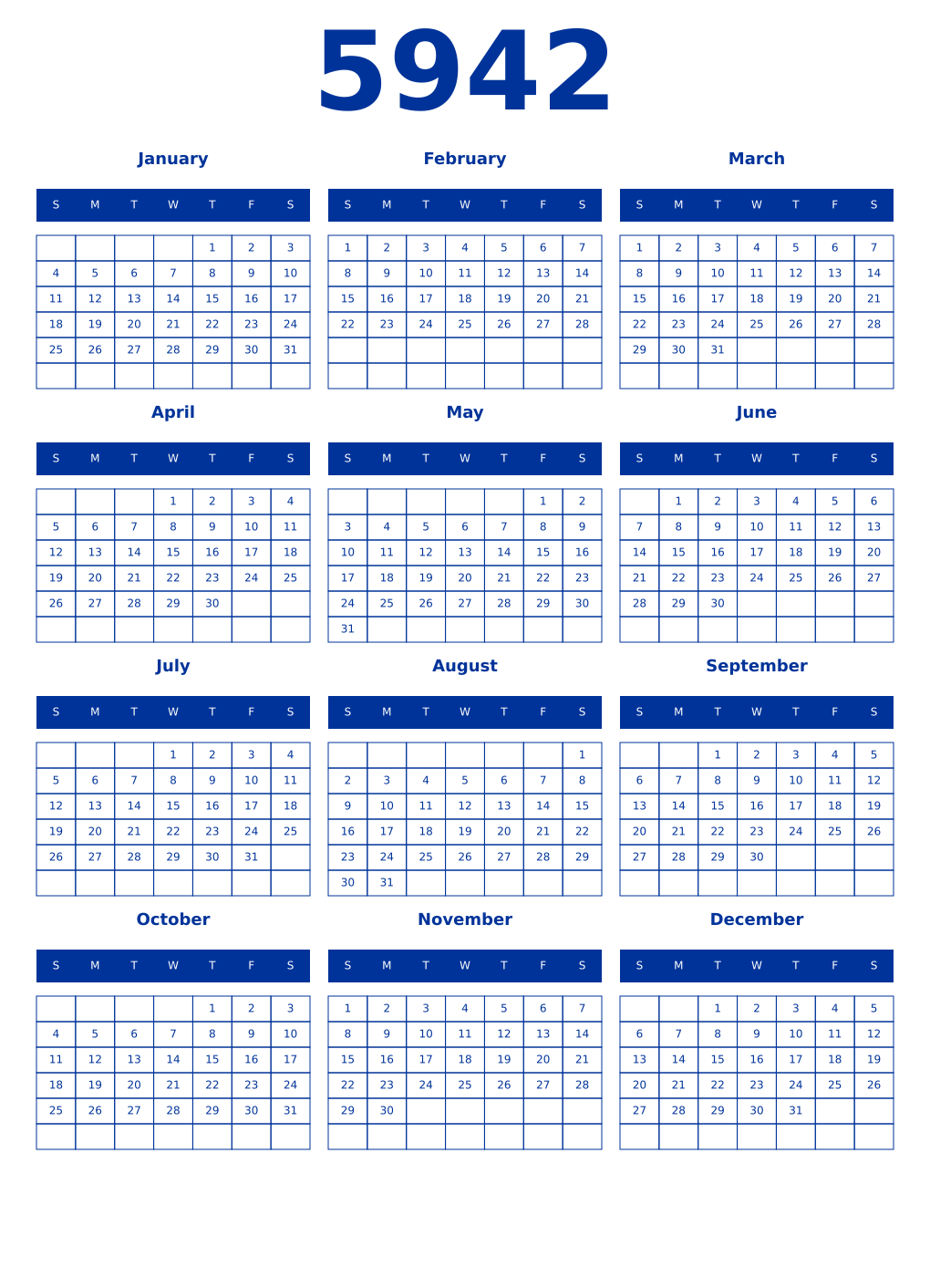 Printable 5942 Year Calendars smalt
