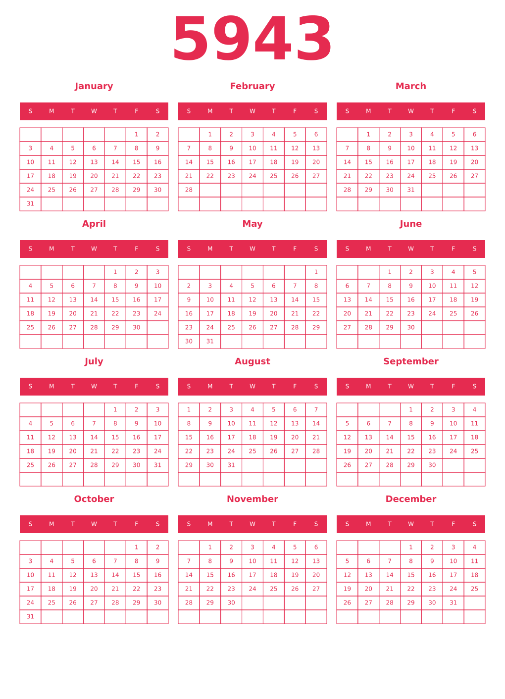 Printable 5943 Year Calendars amaranth