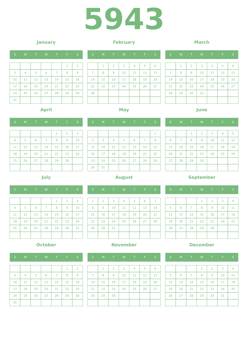 Printable 5943 Year Calendars celadon