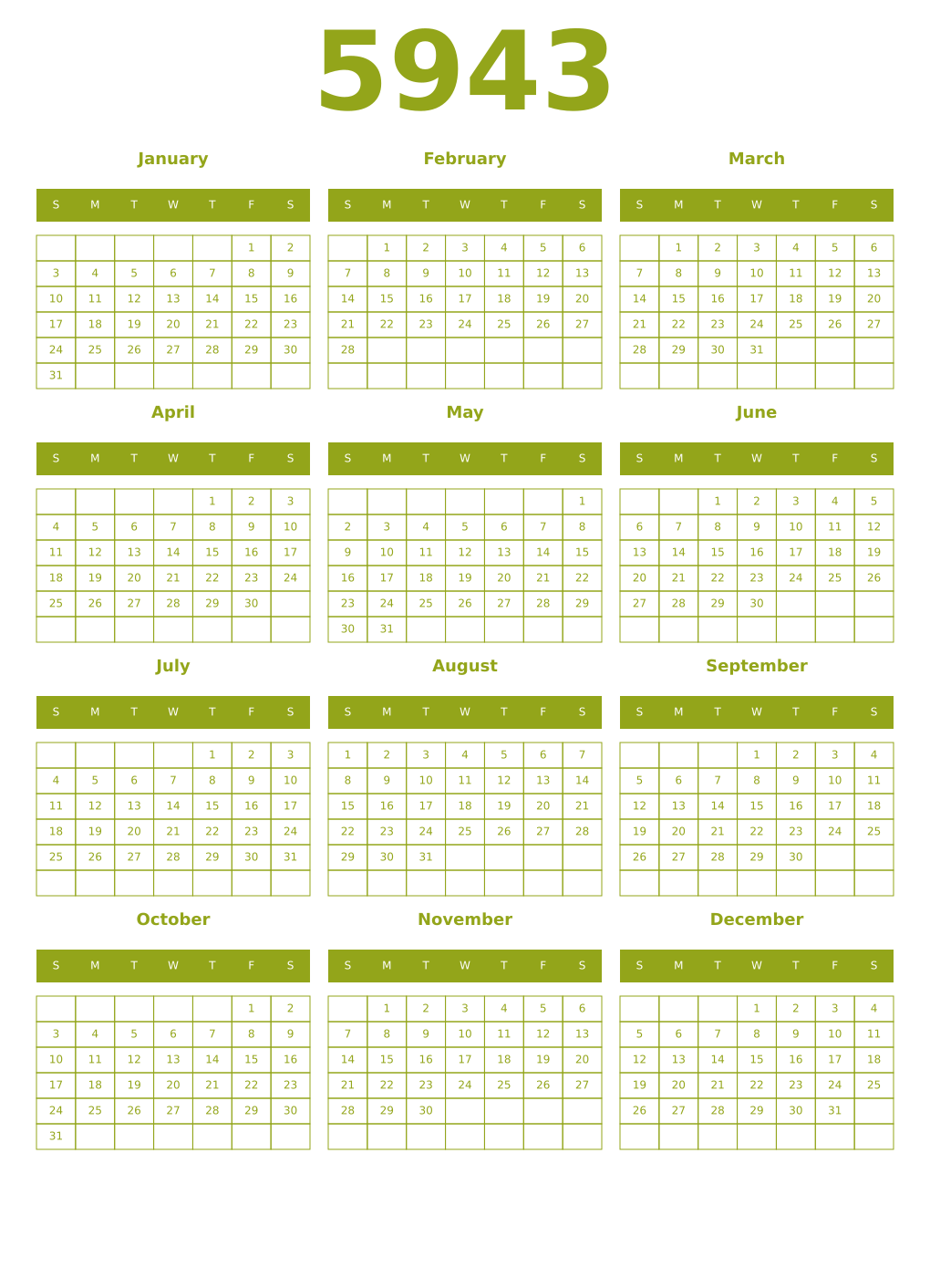 Printable 5943 Year Calendars chartreuse