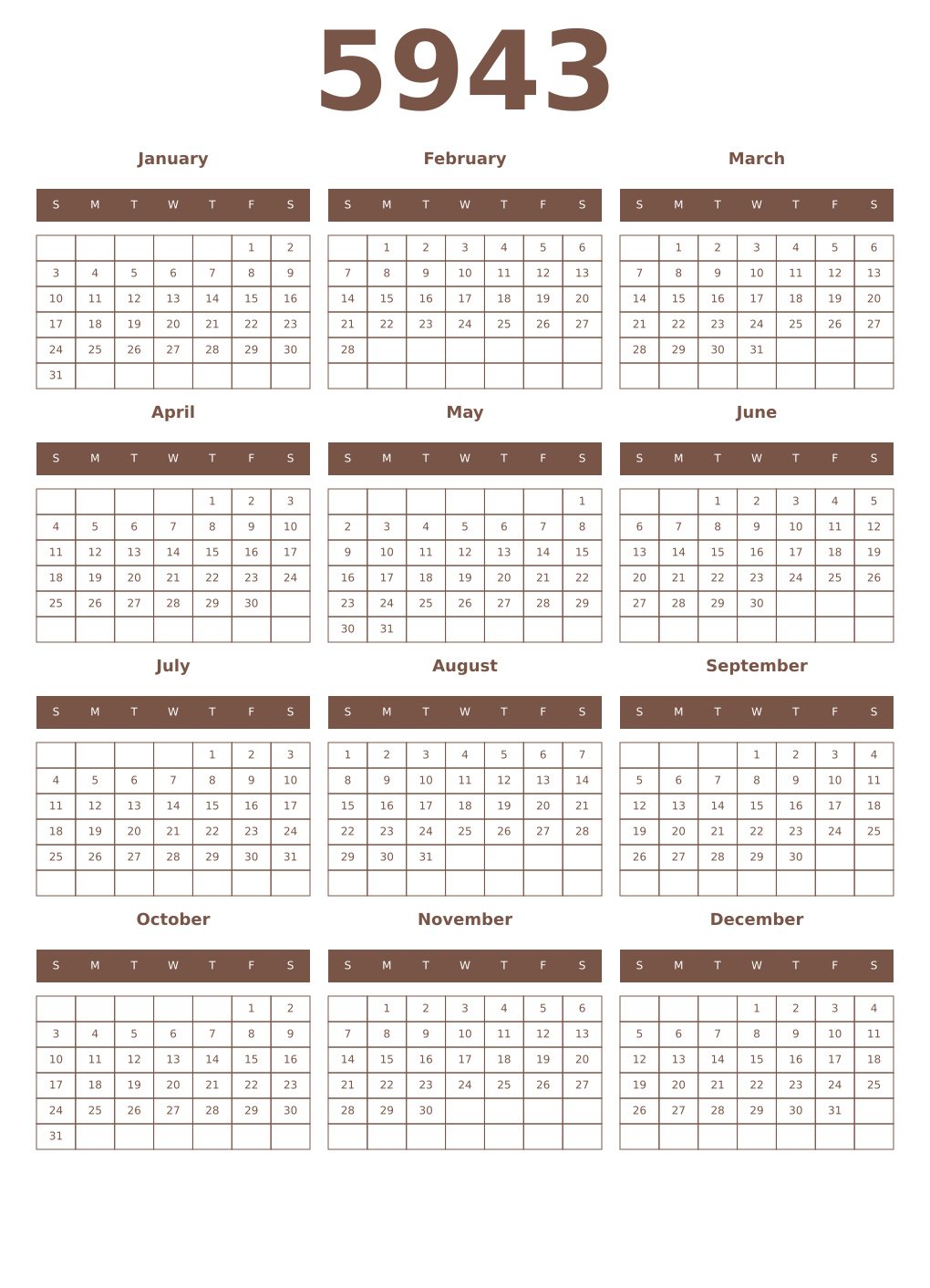 Printable 5943 Year Calendars coffe