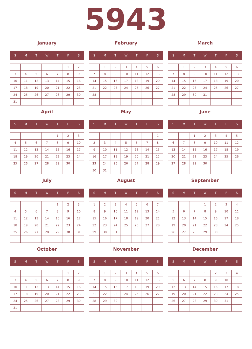 Printable 5943 Year Calendars cordovan