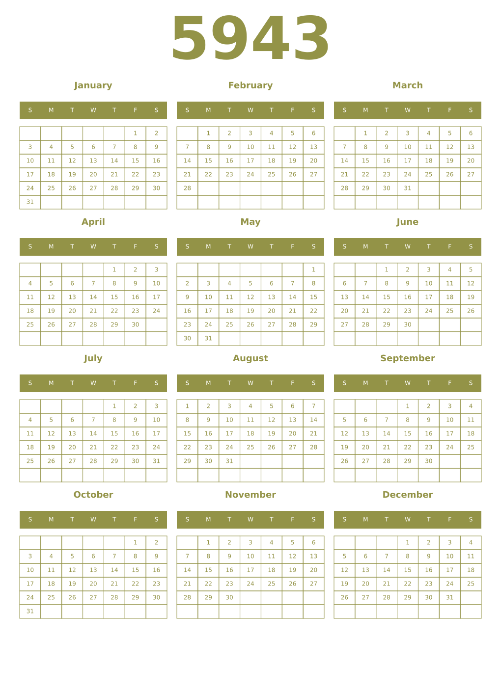 Printable 5943 Year Calendars eburnean