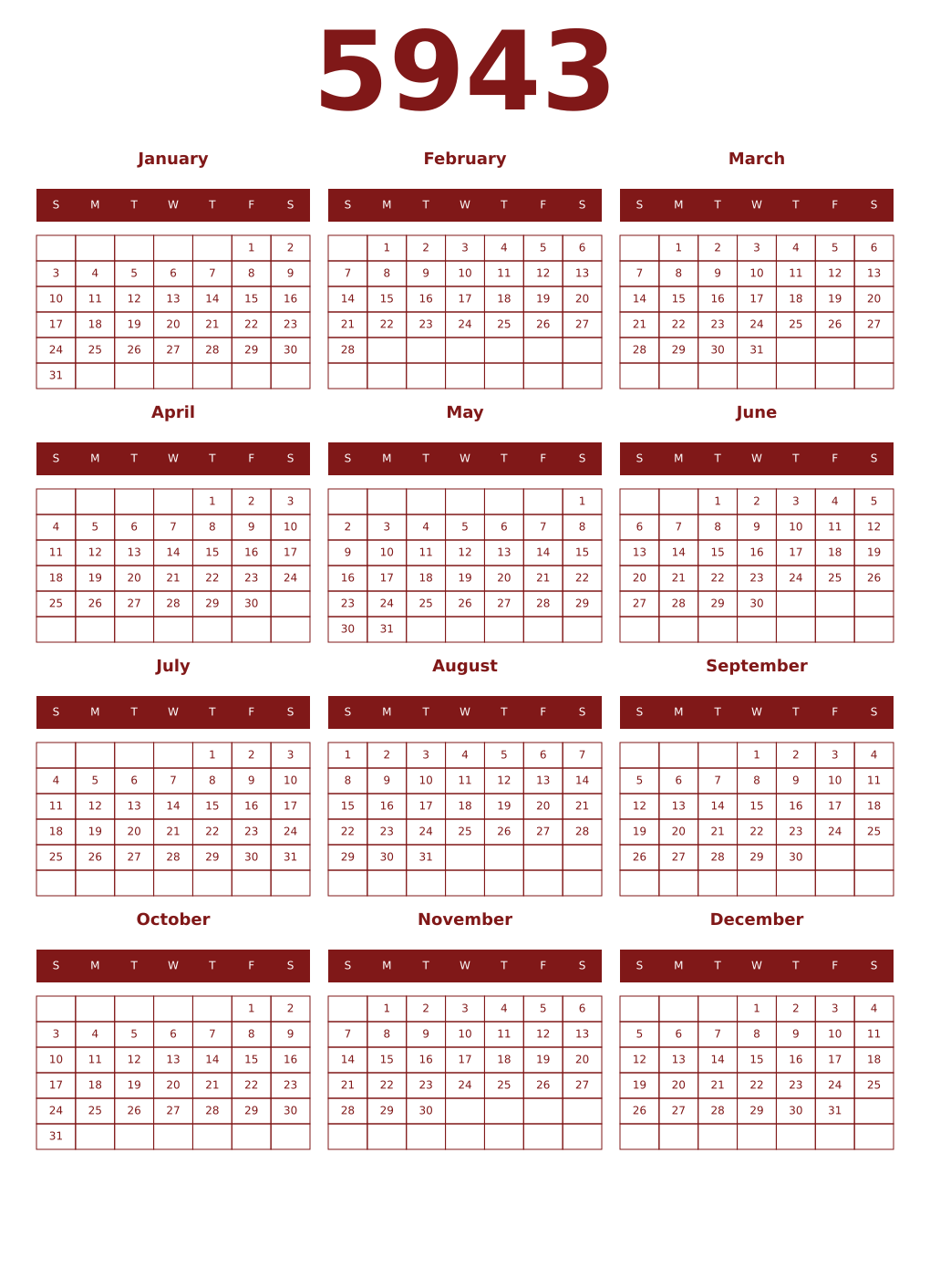 Printable 5943 Year Calendars falu