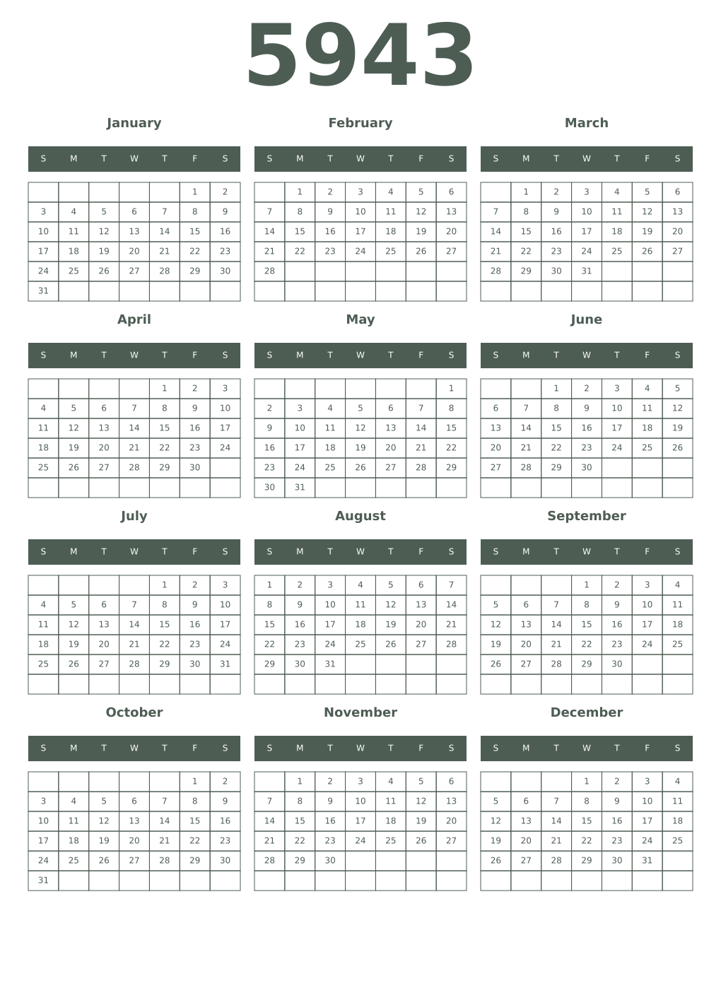 Printable 5943 Year Calendars feldgrau