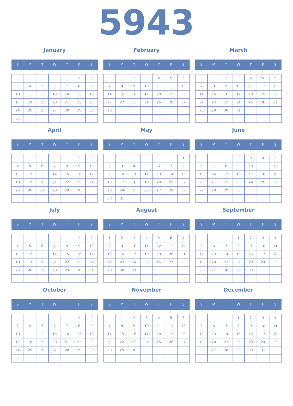 Printable 5943 Year Calendars glaucous