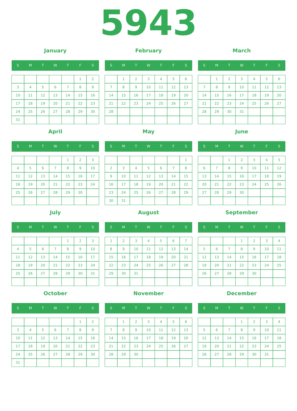 Printable 5943 Year Calendars green
