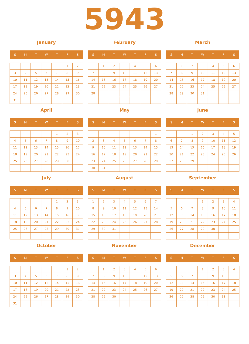 Printable 5943 Year Calendars orange