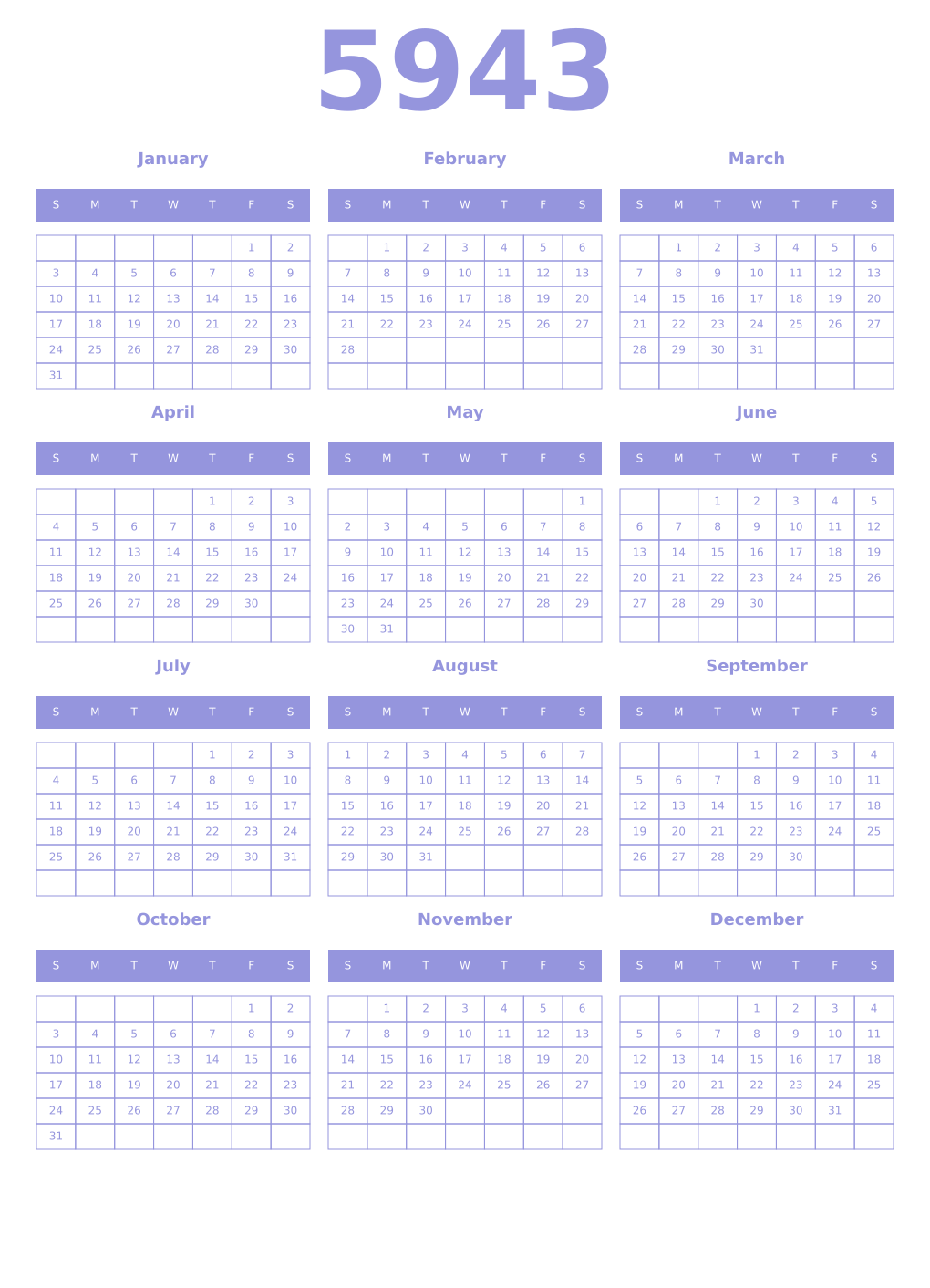 Printable 5943 Year Calendars periwinkle