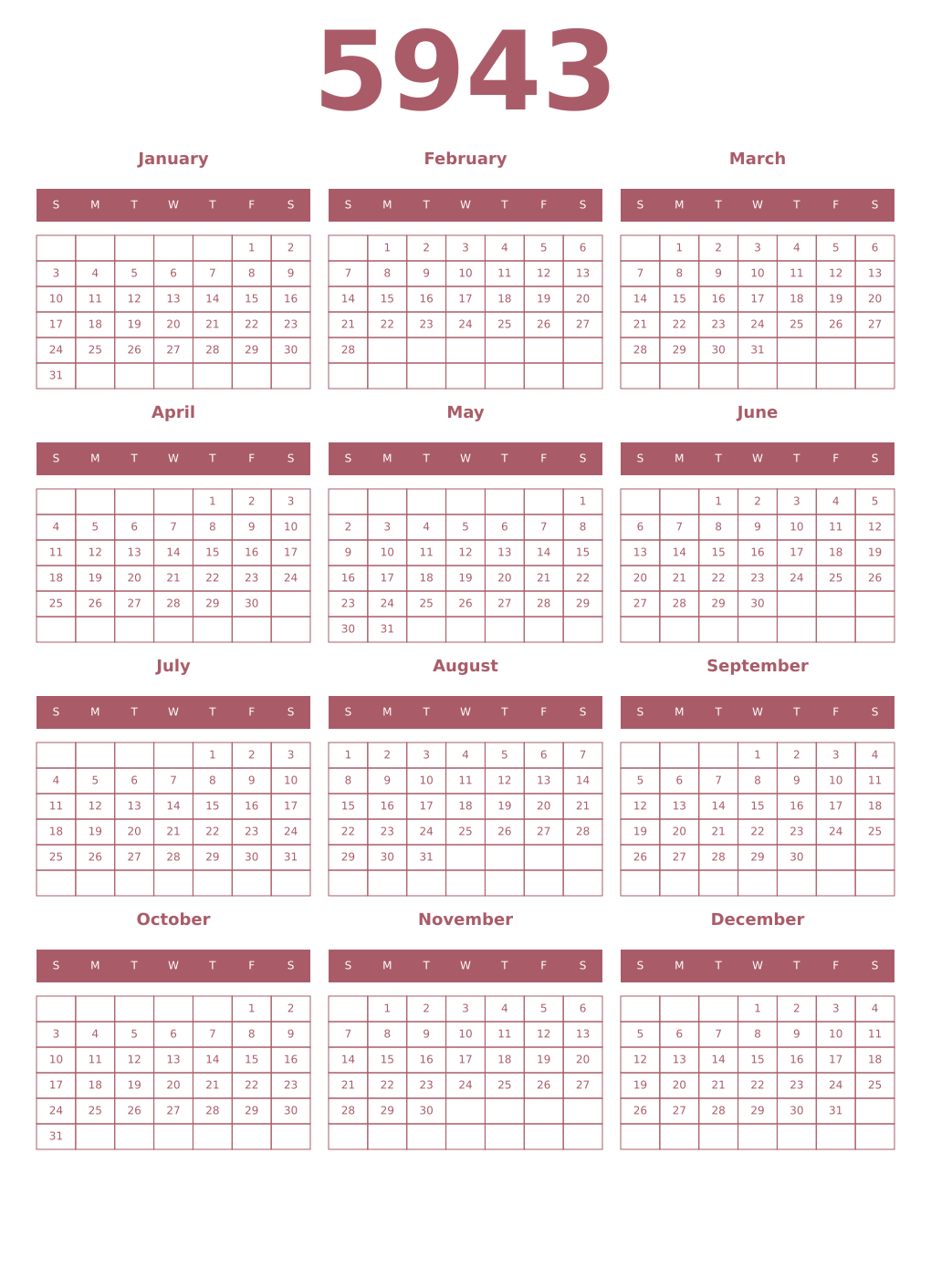 Printable 5943 Year Calendars puce
