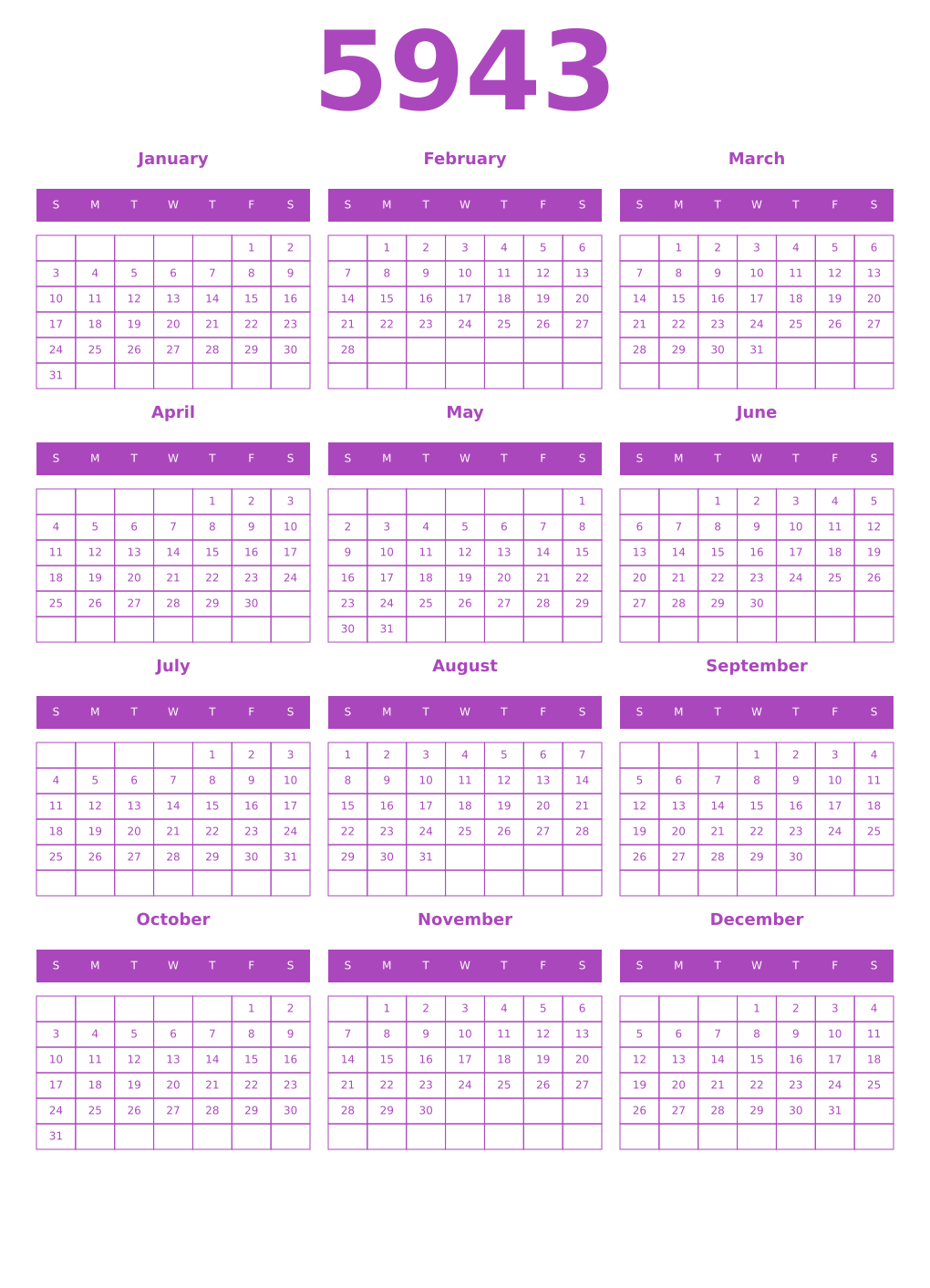 Printable 5943 Year Calendars purple