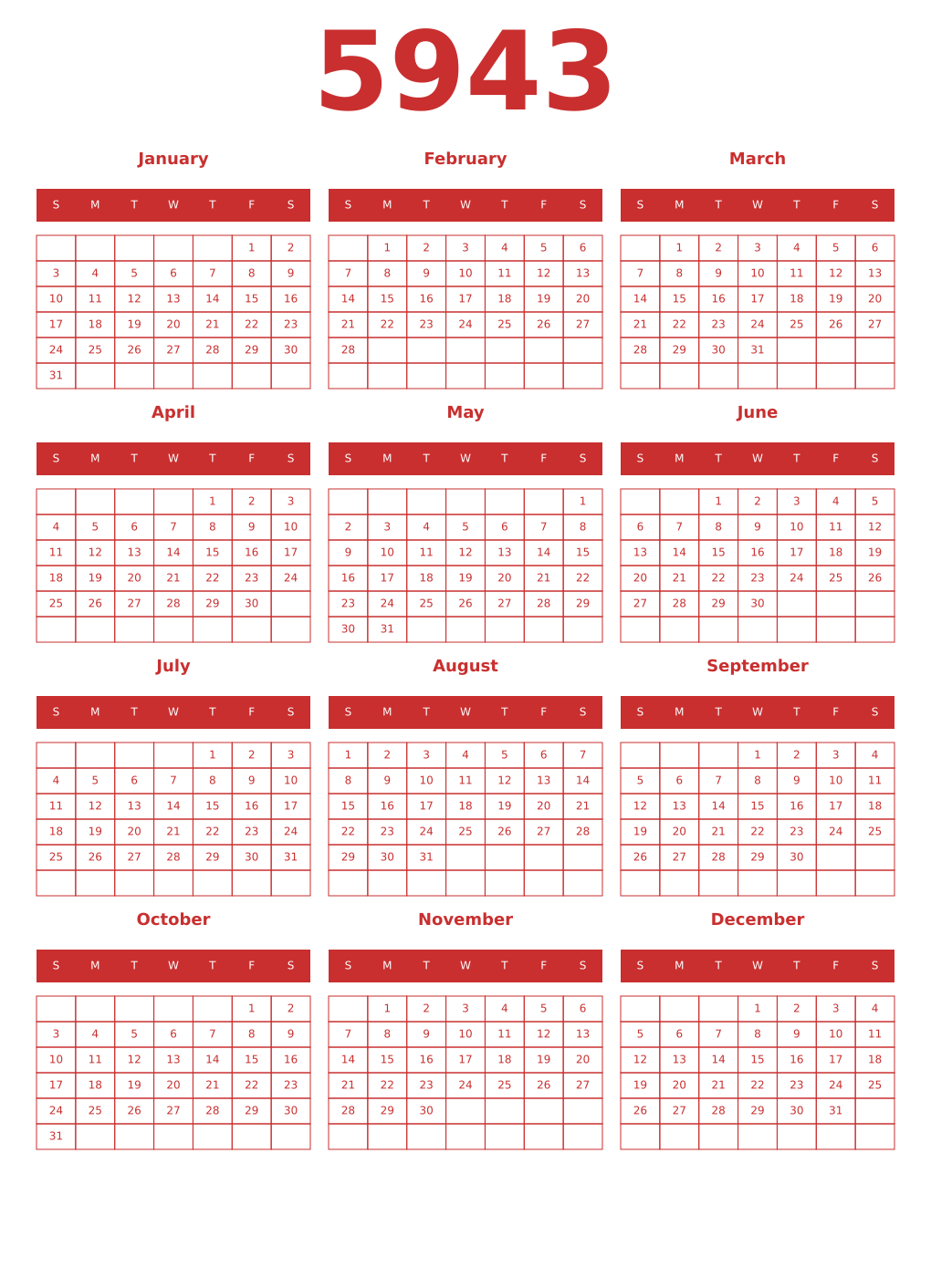 Printable 5943 Year Calendars red