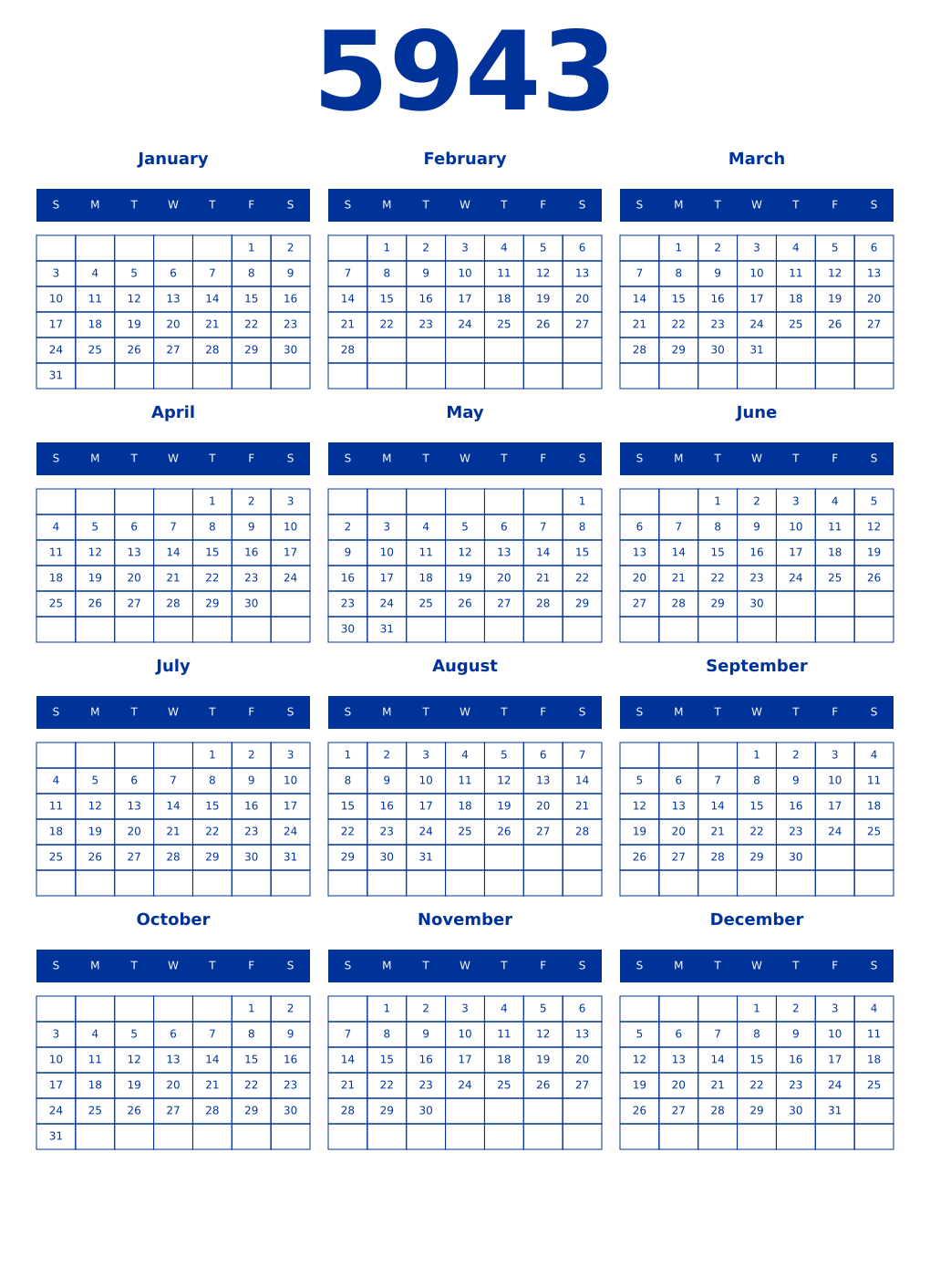 Printable 5943 Year Calendars smalt