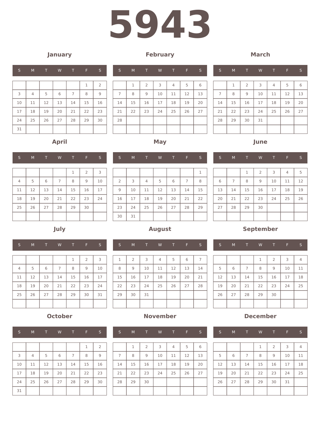 Printable 5943 Year Calendars wenge