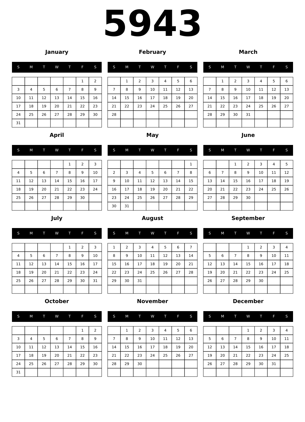 Printable 5943 Calendars