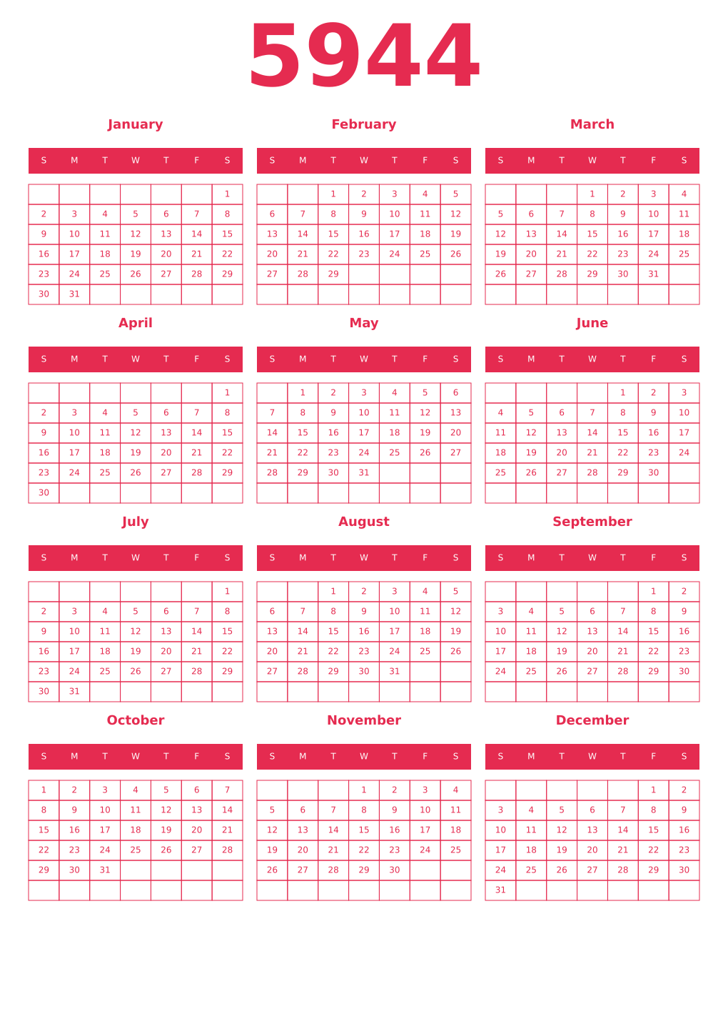 Printable 5944 Year Calendars amaranth
